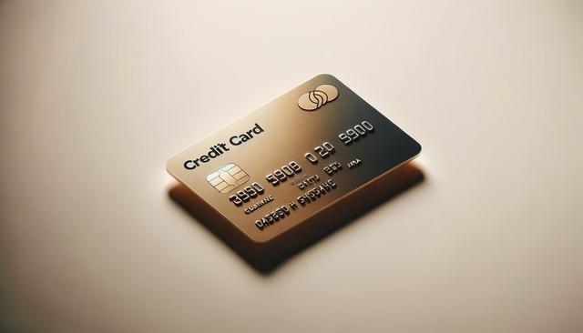 Gold credit card with embossed text and chip on a beige background.
