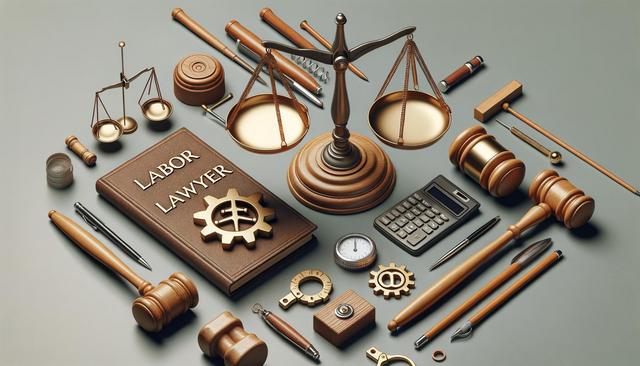 Scales of justice, gavels, a book titled "Labor Lawyer," pens, calculator, and legal tools arranged on a table.