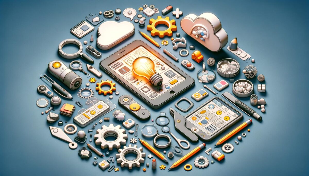 Circular arrangement of colorful technology and gadget icons, featuring smartphones, gears, light bulb, and cloud symbols on a blue background.