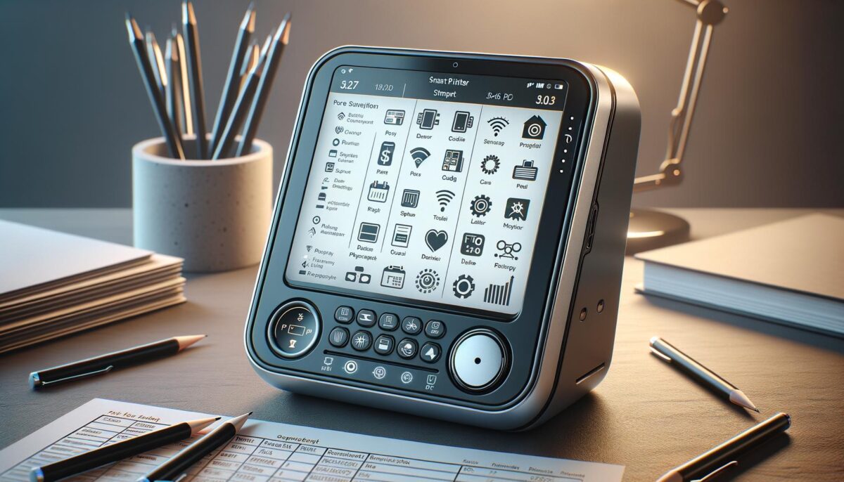 Retro-style smart device on a desk with papers, pens, and a lamp.