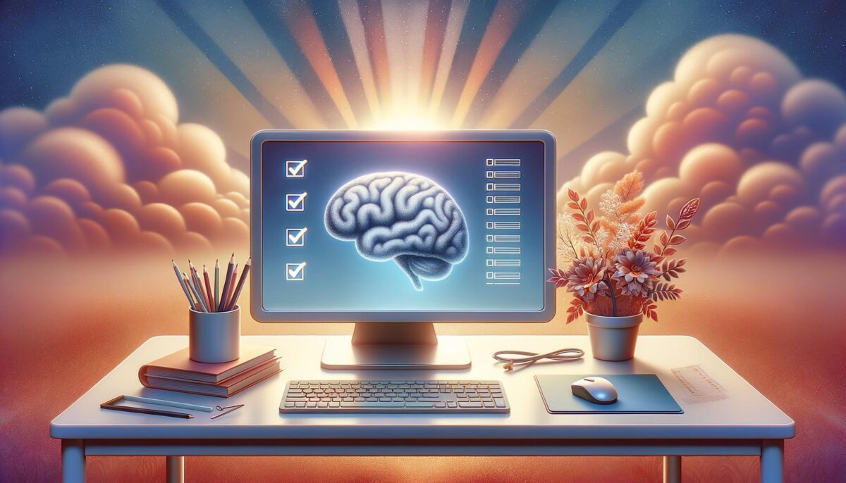A glowing computer screen displays a brain icon and checkmarks; the sunrise illuminates surrounding clouds, while a desk holds stationary, books, and flowers.