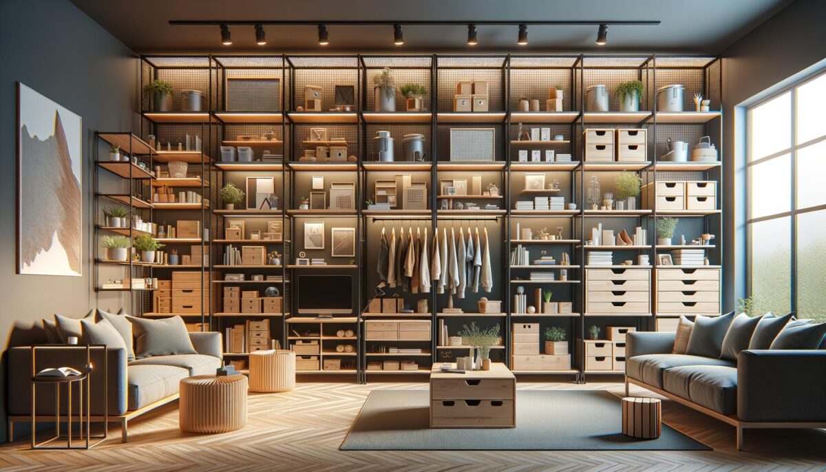 Modern living room with large shelving unit, displays, and two sofas.