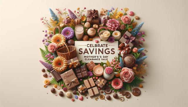 Floral and chocolate arrangement surrounding "Celebrate Savings: Mother's Day Clearance Sale" text with pastel colors.