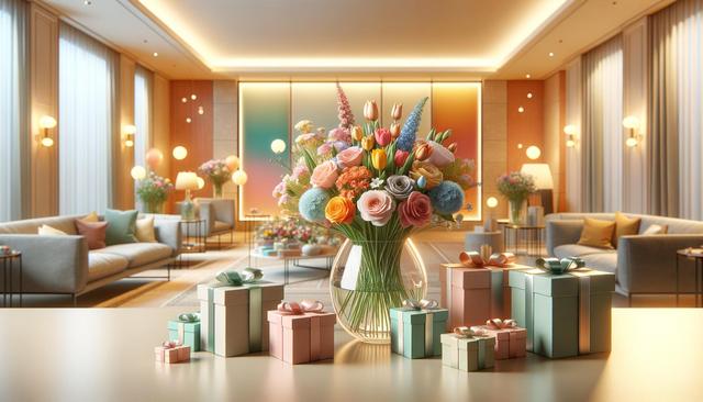 Elegant room with a large bouquet of colorful flowers and several gift boxes on a table.