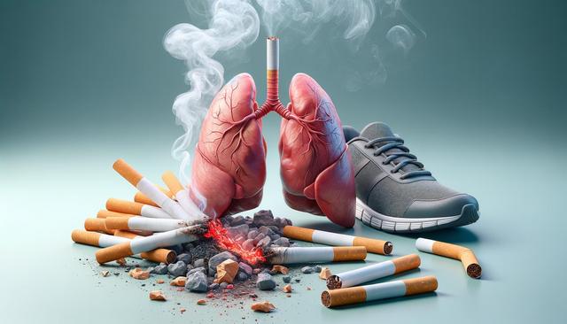 Lungs with a cigarette between them, surrounded by more cigarettes, a sneaker, and smoke.