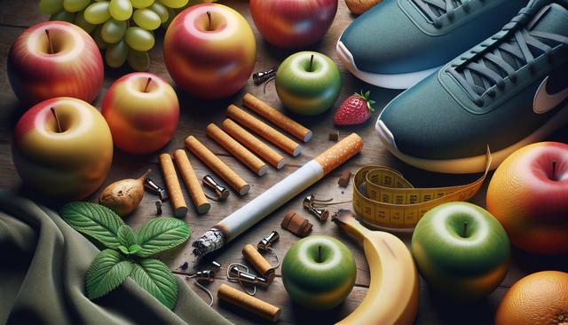 A variety of fruits, cigarettes, measuring tape, sneakers, and mint leaves on a wooden surface.