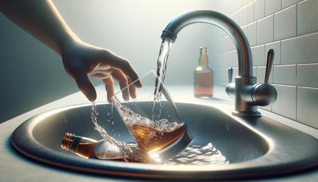 A hand pouring water into a glass over a sink, with a whiskey bottle lying on its side.