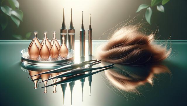 Copper vials, microscopic tools, and hair strands on a reflective surface with blurred green leaves.