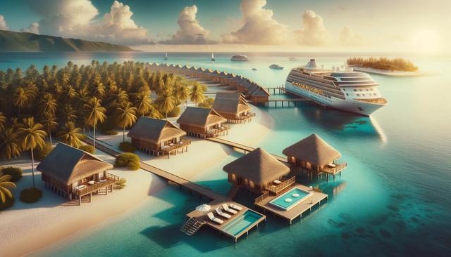 Tropical island with overwater bungalows, a large cruise ship, and a calm ocean at sunset.