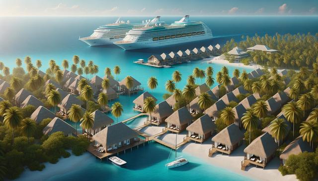 Tropical resort with overwater bungalows, palm trees, and two large cruise ships in the turquoise ocean.