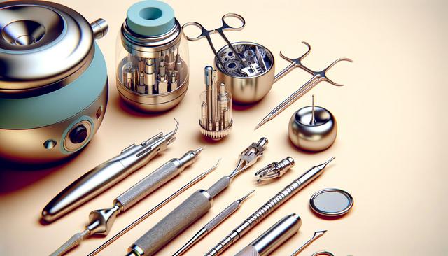 A collection of metallic, futuristic tools on a beige surface, featuring intricate designs and diverse shapes.