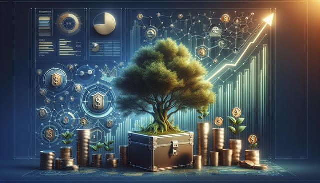 Tree growing from a treasure chest surrounded by coin stacks and financial graphs.