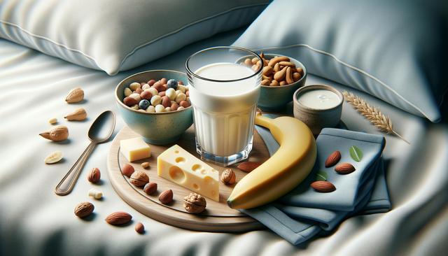 A cozy breakfast scene with nuts, cereal, glass of milk, banana, cheese, almonds, and yogurt on a wooden board on a bed.