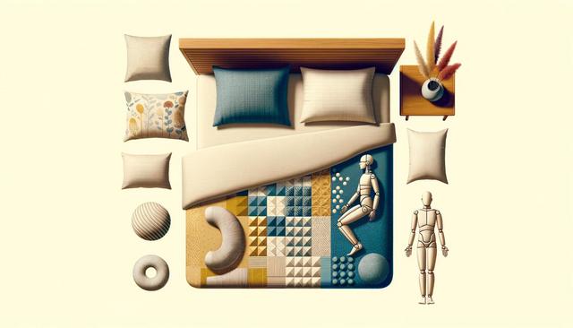 Bed with patterned quilt, decorative pillows, two wooden mannequins, and a vase on a side table.