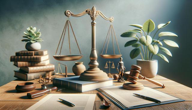 Scales of justice, law books, gavel, Lady Justice statue, and plants on a wooden desk.