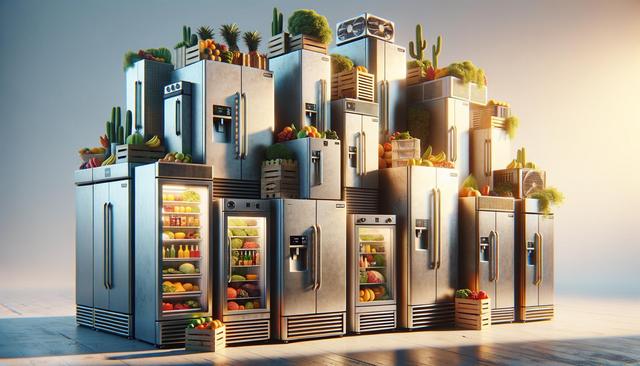 Stacked stainless steel fridges, filled with colorful fruits and vegetables, topped with plants and fruits.