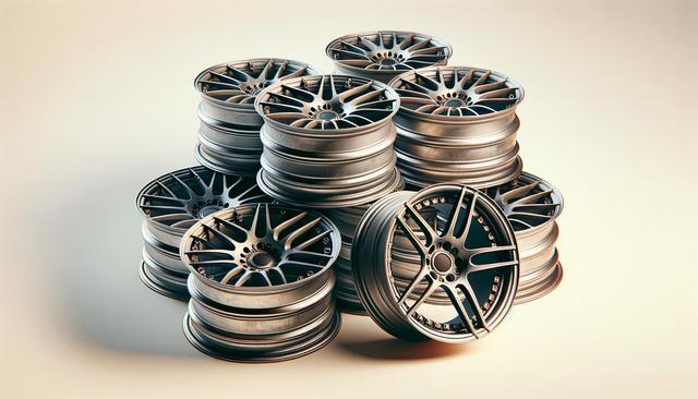 Stacks of shiny alloy wheels arranged against a light background.