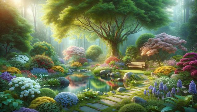 Lush garden with colorful flowers, a serene pond, and a wooden bench under a large tree.