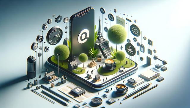 A smartphone with miniature trees, buildings, and people on its screen, surrounded by digital and mechanical icons.