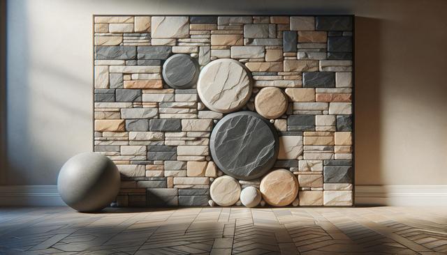 Stone wall with circular stone patterns and a large sphere on a wooden floor.