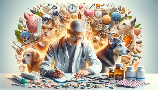 A veterinarian writes at a desk surrounded by pets, pills, and medical tools.