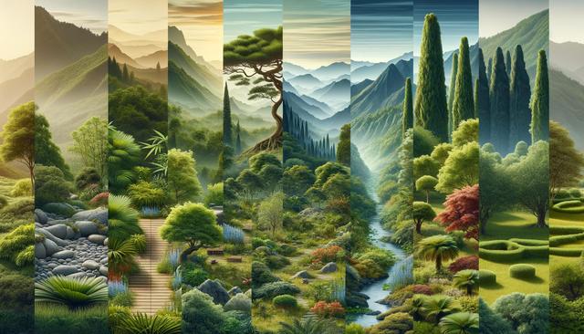 A collage of lush landscapes, featuring mountains, forests, and gardens with varied trees and vegetation. Each segment shows a distinct natural scene.