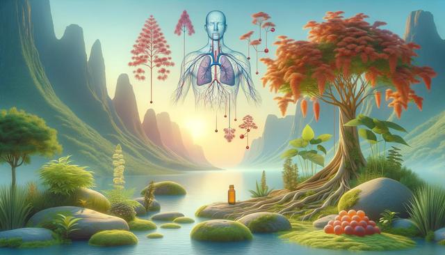 A serene landscape with a river, lush plants, an amber bottle, and a transparent human torso with lungs, blending nature and anatomy.