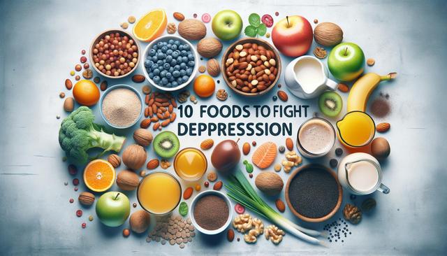 Fruits, nuts, and drinks surrounding text "10 Foods to Fight Depression."