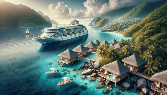 Tropical scene with overwater bungalows, a cruise ship, sailboat, speedboats, lush green hills, and clear blue water.