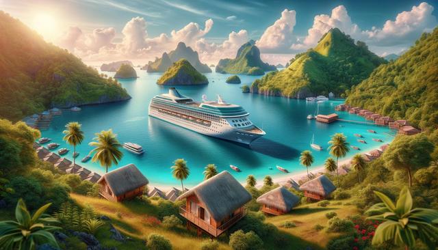 Tropical paradise with a large cruise ship in a turquoise bay, surrounded by lush green islands and overwater bungalows.