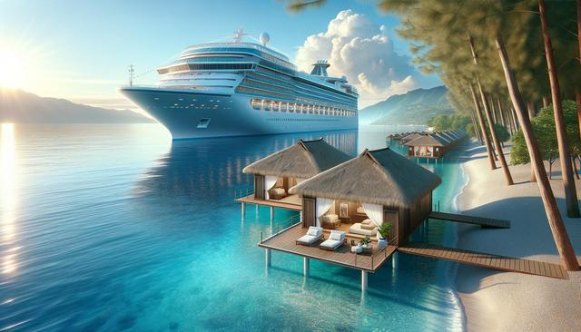 Cruise ship near tropical huts on clear water, with a sandy beach and pine trees.