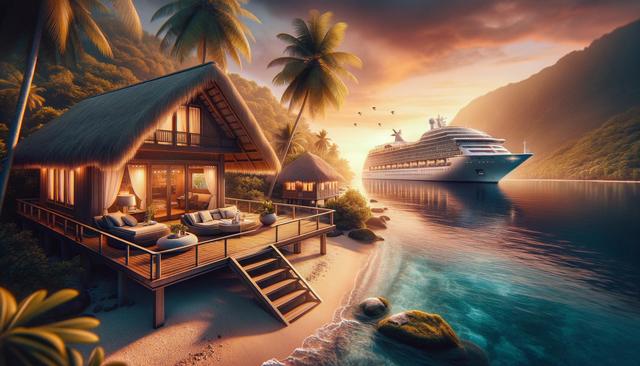 Tropical sunset with a cozy beach bungalow, palm trees, and a cruise ship in the calm sea.
