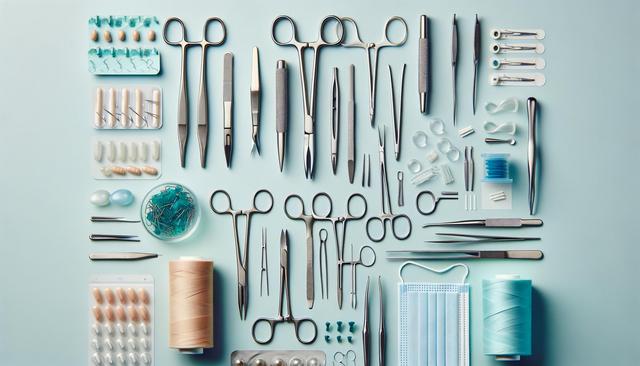 Assorted surgical tools and medical supplies arranged neatly on a light blue background.
