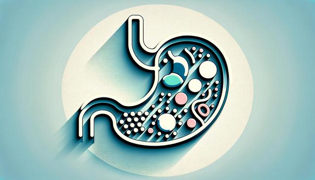 Stylized illustration of a stomach with colorful abstract shapes inside.