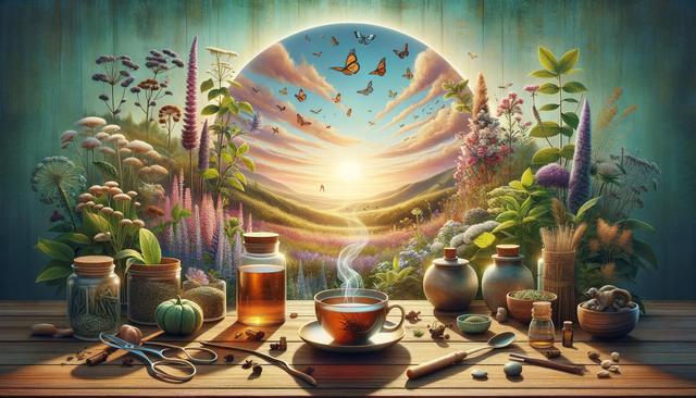 A nature scene with a tea cup surrounded by herbs and jars on a table, with a sunrise and butterflies in a colorful landscape.