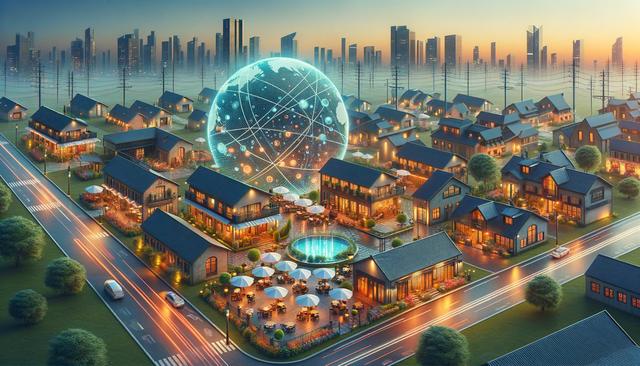 A futuristic village with cozy houses, outdoor seating, a glowing fountain, and a large digital globe amidst a cityscape at dusk.