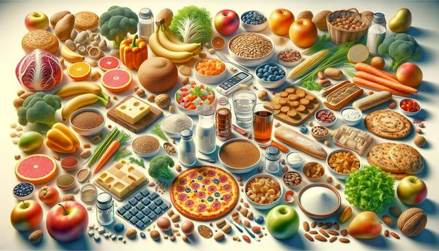 An assortment of various foods, including fruits, vegetables, grains, bread, cheese, and beverages, displayed on a light background.