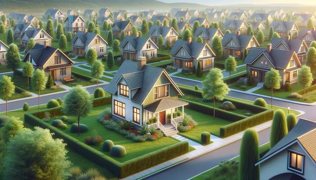 Aerial view of a suburban neighborhood with similar houses, green lawns, and trees lining the streets.