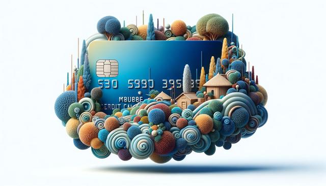 A blue credit card surrounded by colorful, abstract, fluffy spheres and trees.