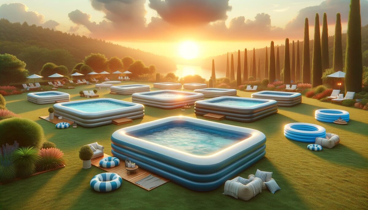 Inflatable pools on a grassy field at sunset, surrounded by trees and lounge chairs.