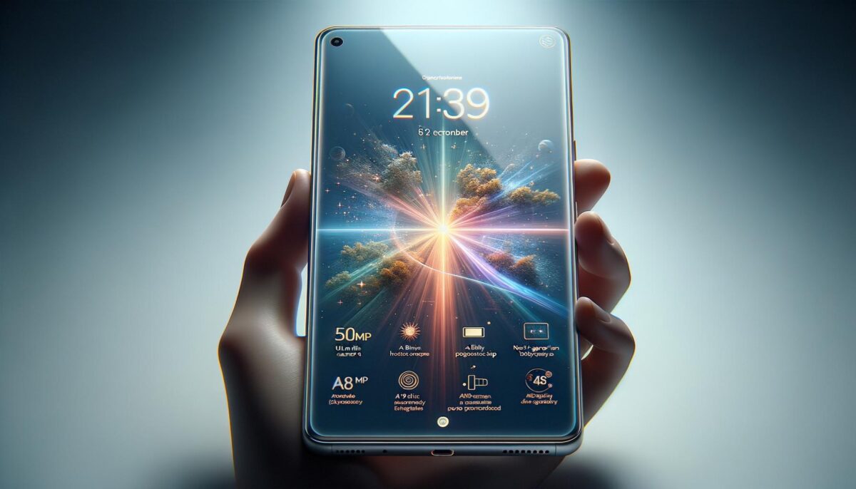 A hand holding a smartphone showing a cosmic explosion on the screen with various icons and features displayed.