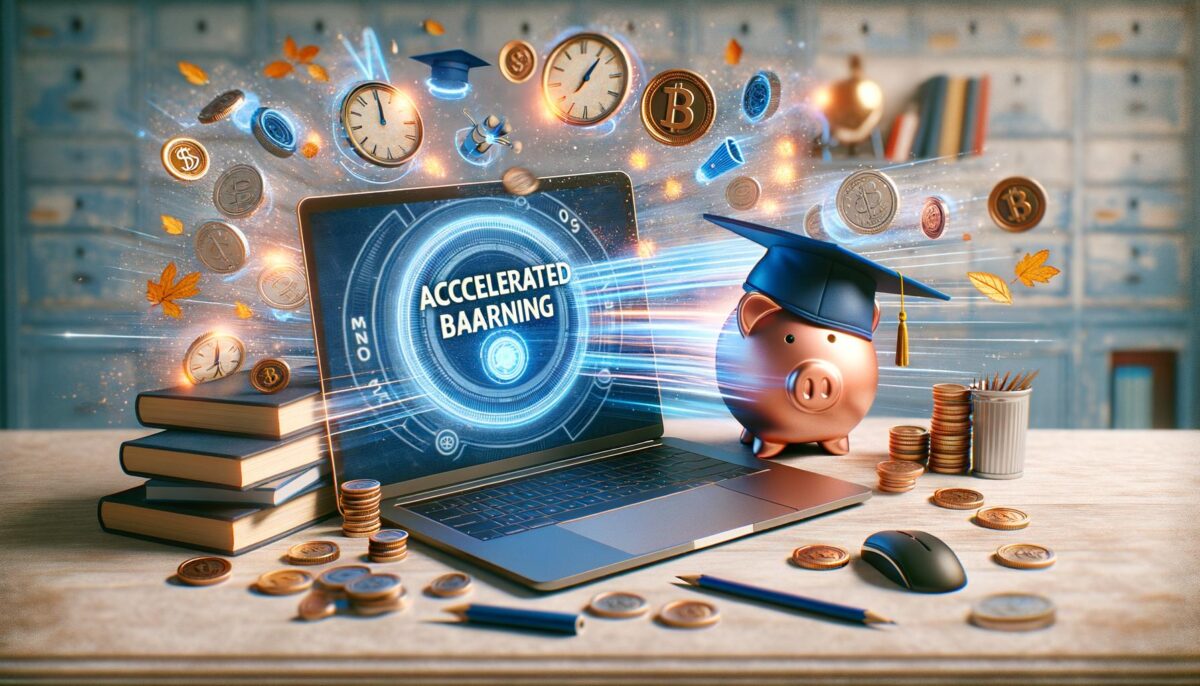 A digital illustration of a laptop with "Accelerated Learning" on the screen, surrounded by coins, books, clocks, and a piggy bank wearing a graduation cap.