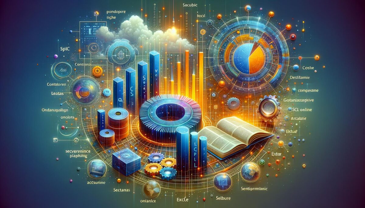 Intricate digital art depicting futuristic data visualizations, including charts, gears, books, and cloud elements in vibrant colors.