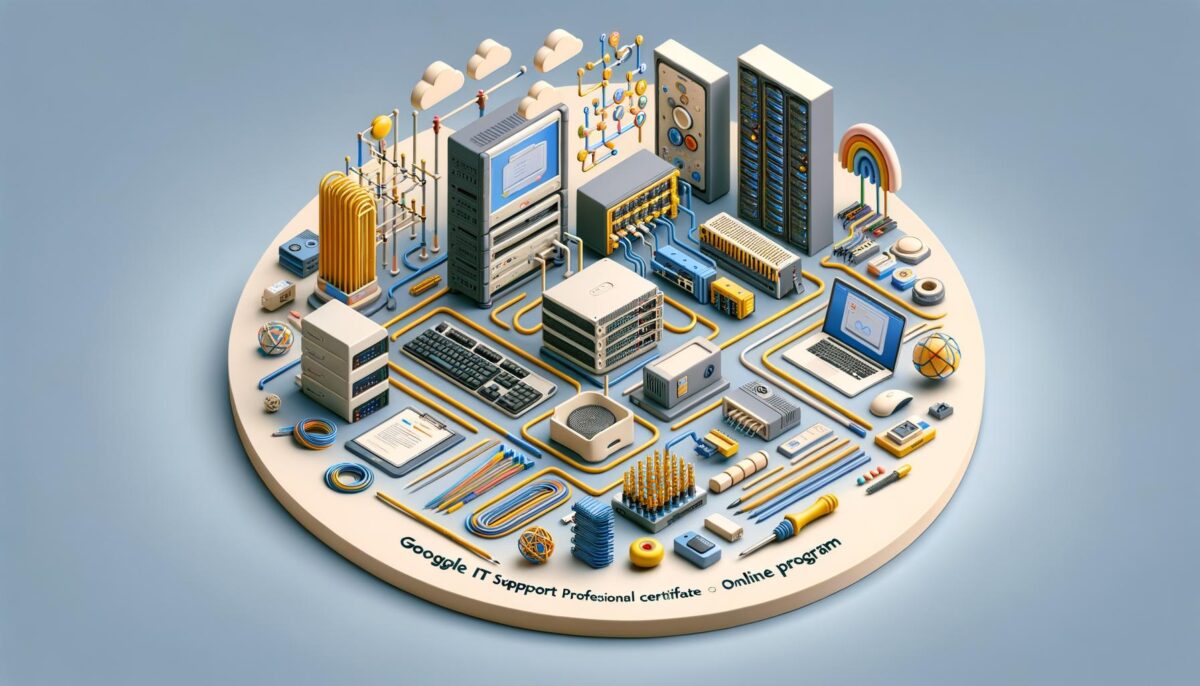 3D illustration of IT equipment and cables interconnected on a circular platform, symbolizing technology and networks.