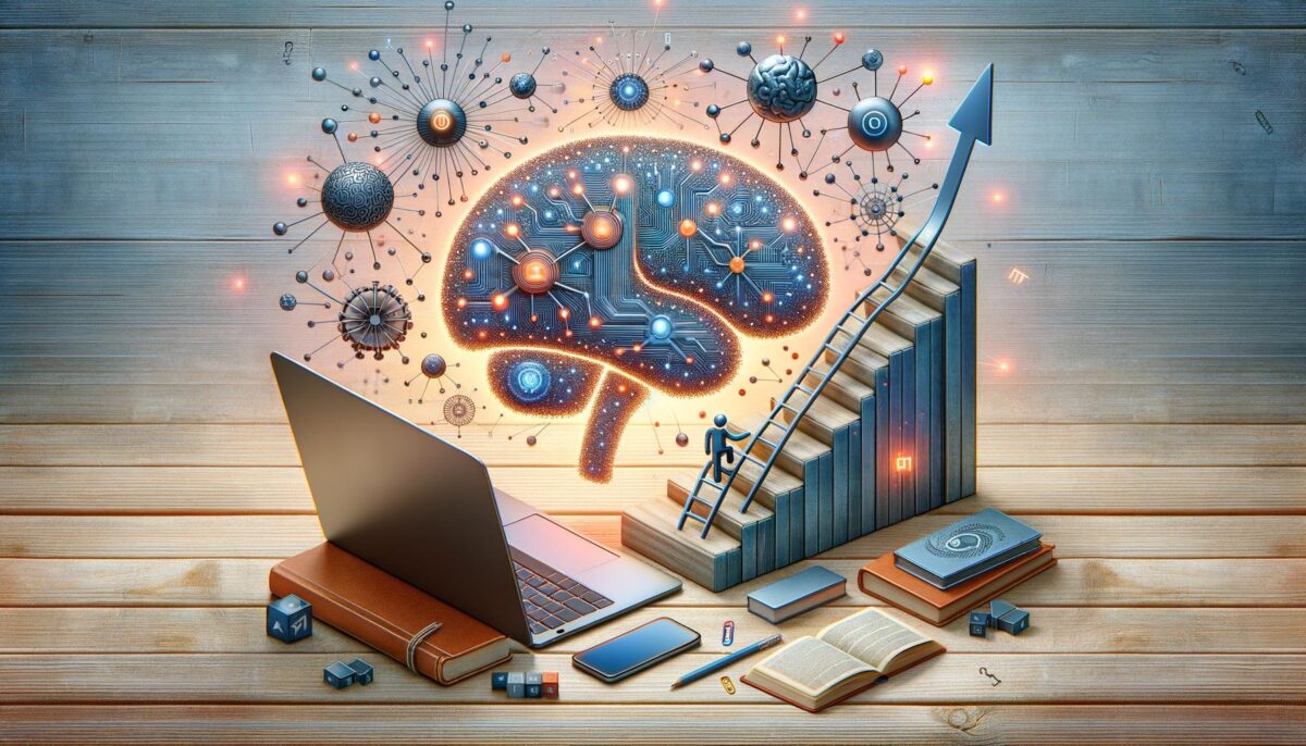 A digital brain with circuits is surrounded by floating symbols, above a laptop, books, and a staircase with an upward arrow on a wooden surface.