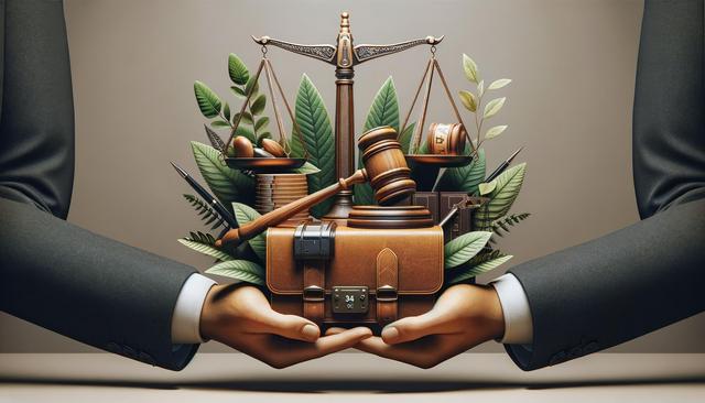 Suits cradle a briefcase with scales, gavel, and leaves symbolizing justice and nature.
