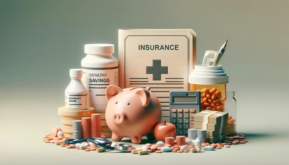 A piggy bank, medication bottles, insurance document, calculator, stethoscope, pills, coins, and dollar bills arranged together.