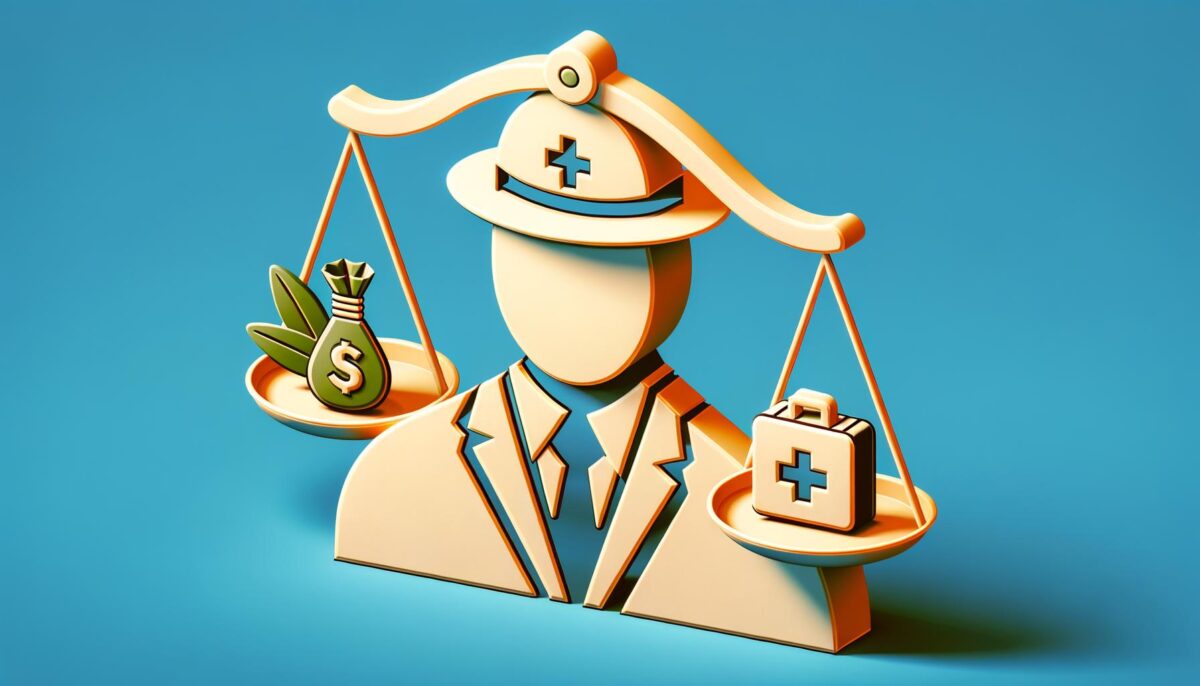 A stylized figure of a person balancing a money bag and a medical kit on scales.