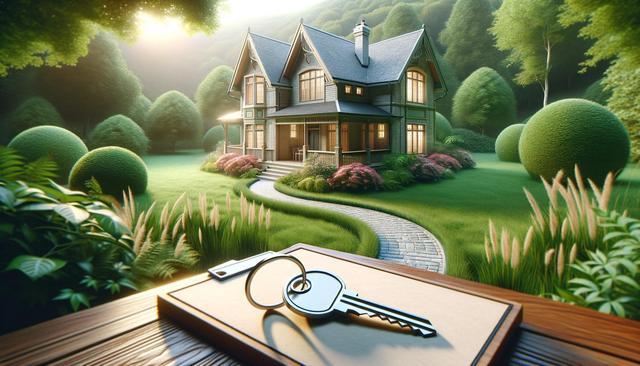 Cozy house with lush garden, sunlight streaming, keys on a table.