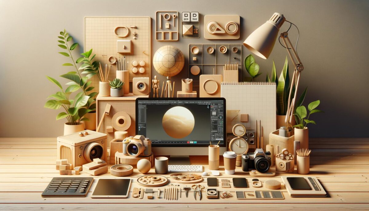 A neatly organized workspace featuring a computer, various art supplies, and plants, all in earthy tones.